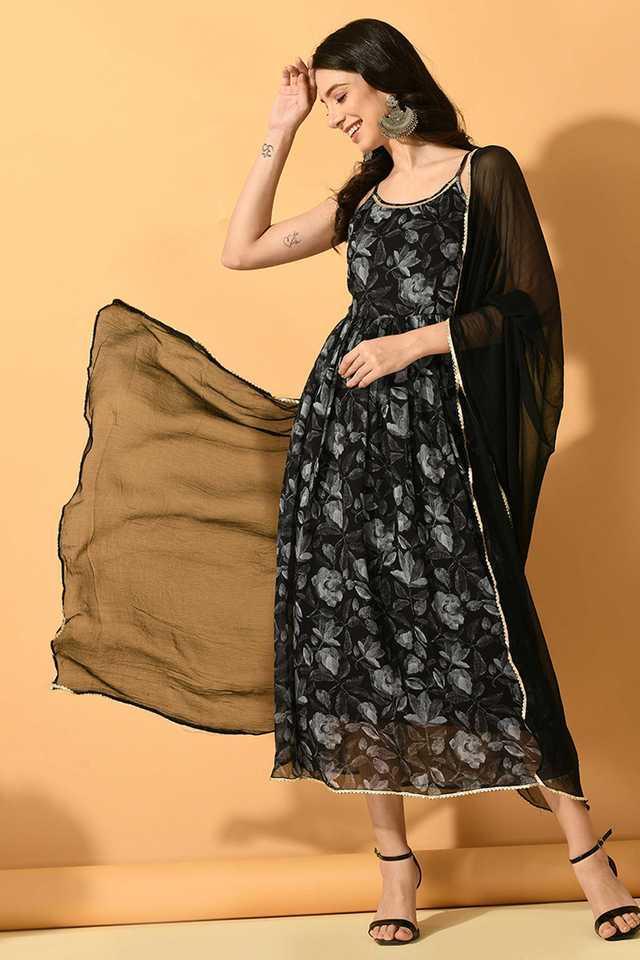 printed ankle length chiffon woven womens kurta set