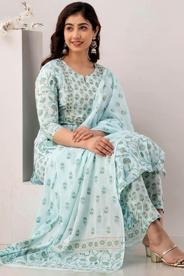 printed cotton round neck womens kurta pant dupatta set