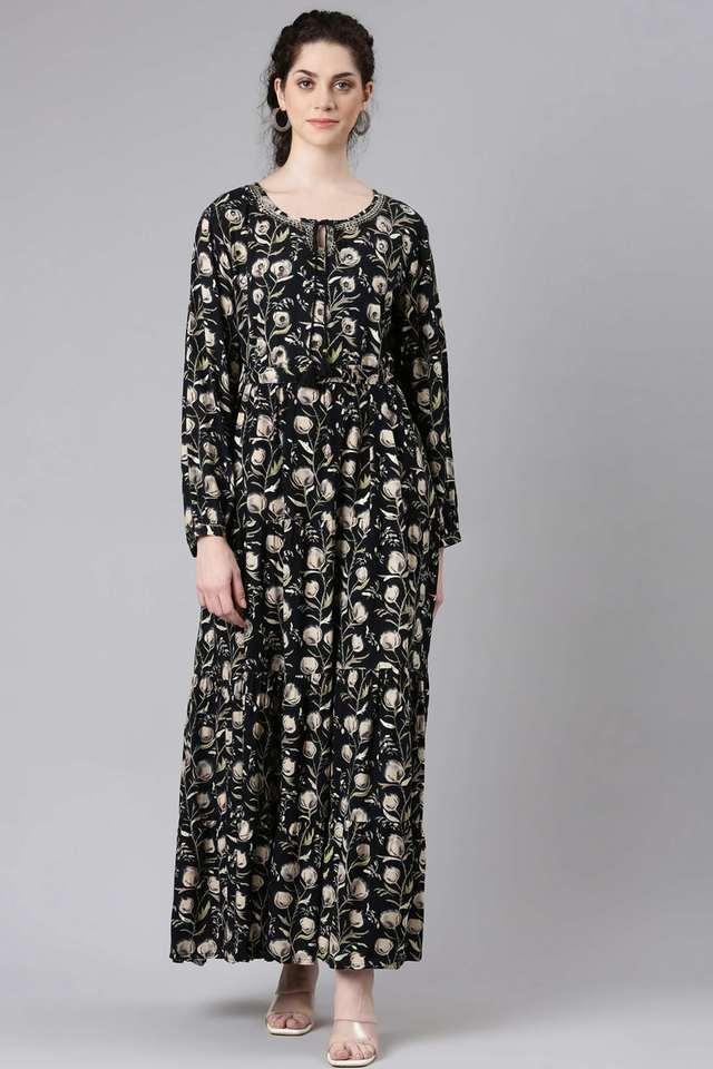 floral collared rayon womens full length ethnic dress