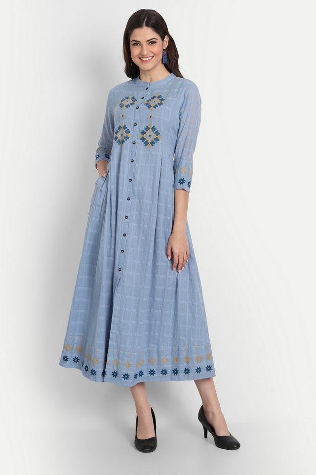 embroidered round neck cotton womens calf length dress