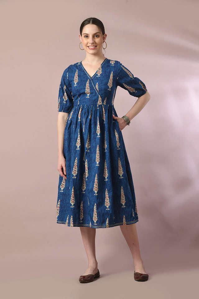 printed v-neck cotton womens knee length dress