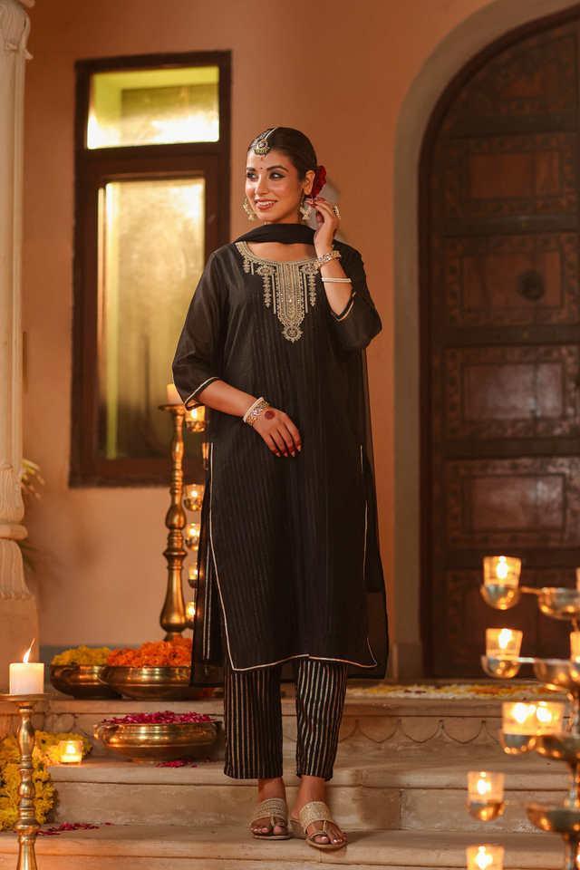 embroidered calf length silk woven womens kurta pant dupatta set