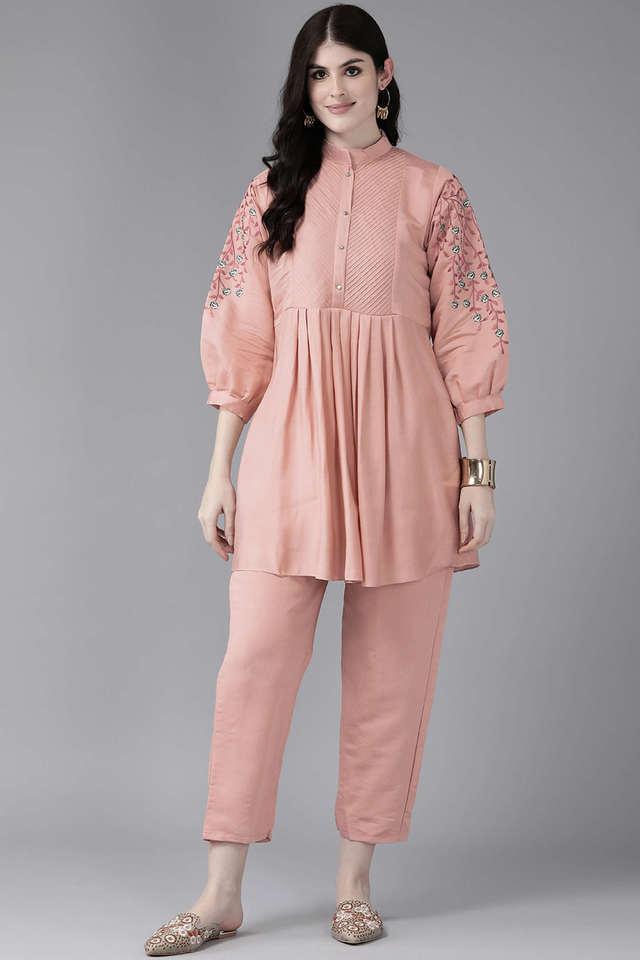 embellished ankle length silk knitted womens kurta set