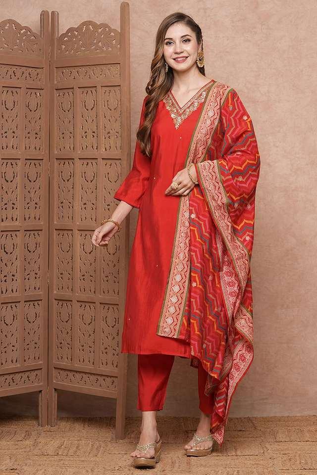 embellished blended fabric v-neck womens kurta with pants _ dupatta