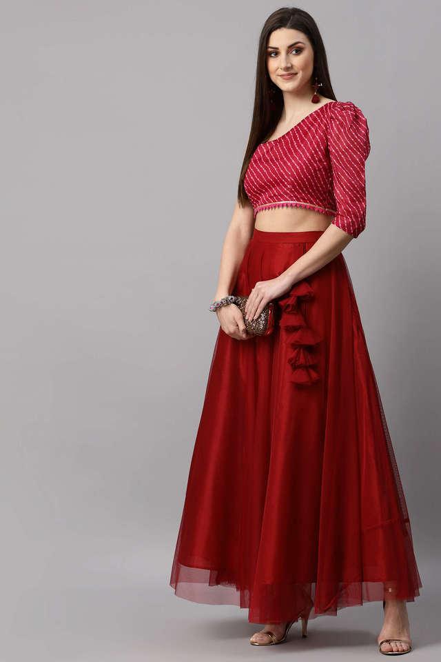 women solid net flared maxi lehenga skirt with top