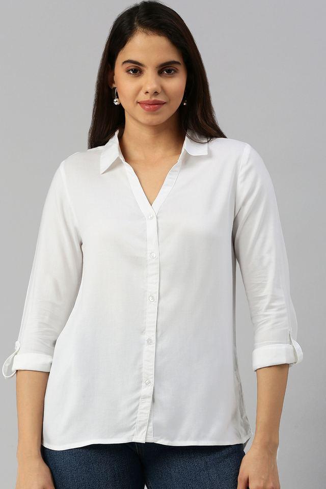 solid rayon collared womens top