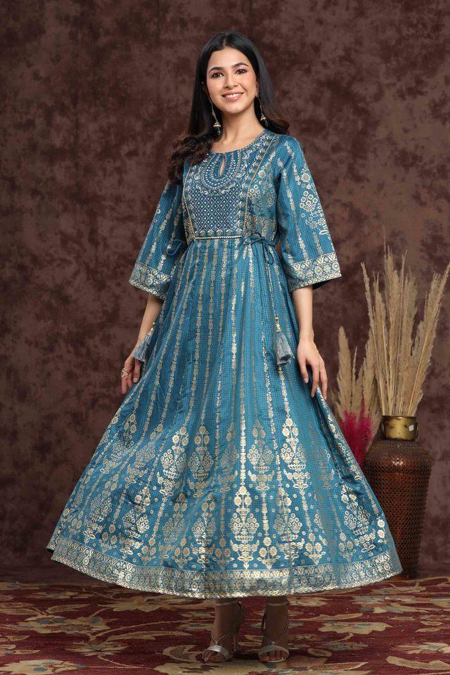 teal ethnic motif printed shantoon anarkali dress.