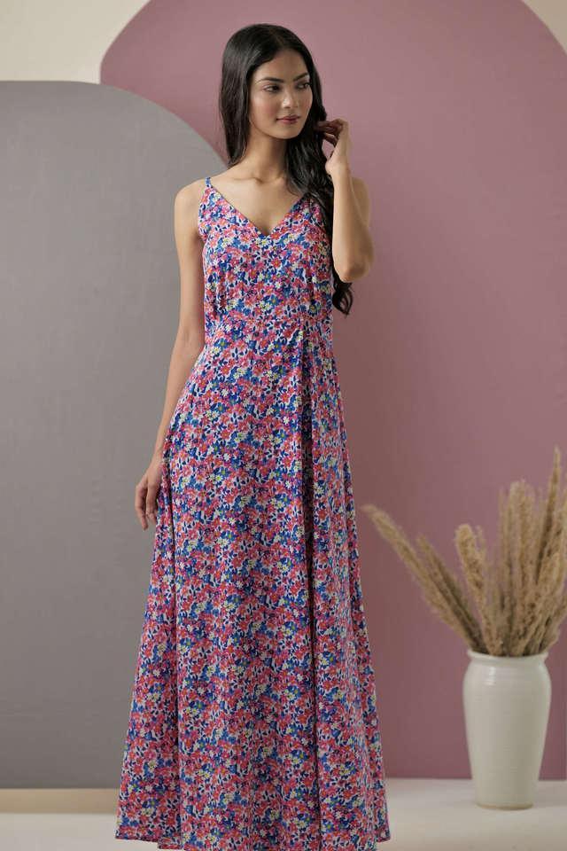 printed cotton v-neck womens maxi dress