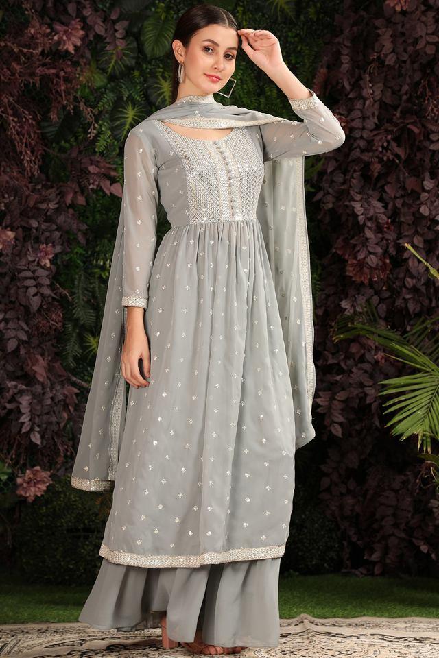 embroidered calf length georgette knitted womens kurta set