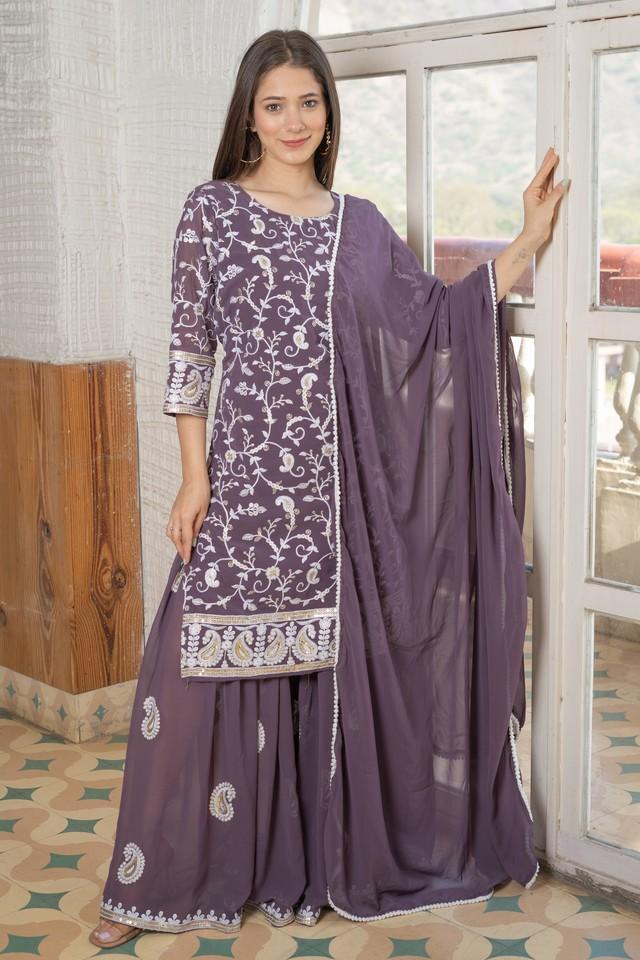 embroidered knee length georgette womens kurta set