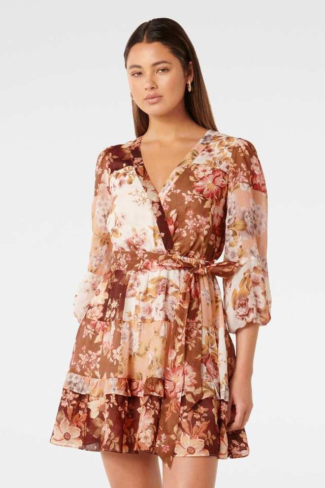 floral v-neck ramie womens knee length dress