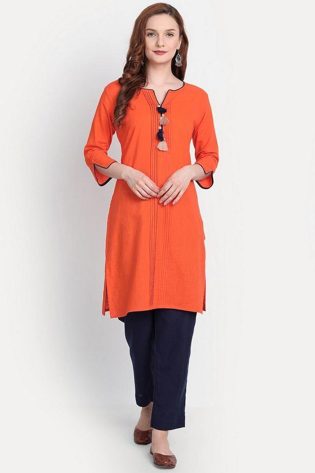 solid cotton v-neck womens casual wear kurti