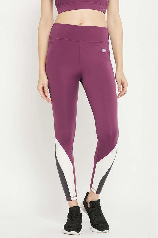 high rise active tights in plum colour with contrast panels _ side pocket