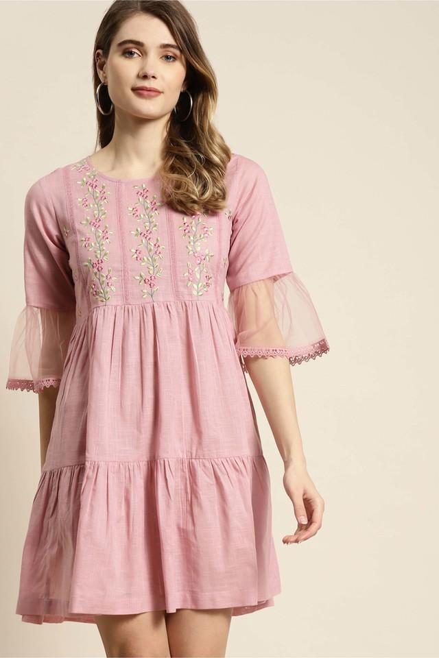 blush pink floral printed cotton slub tiered short dress with thread work embroidery