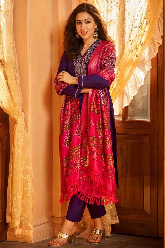 solid zari embroidered straight fit kurta with pant _ patola printed dupatta