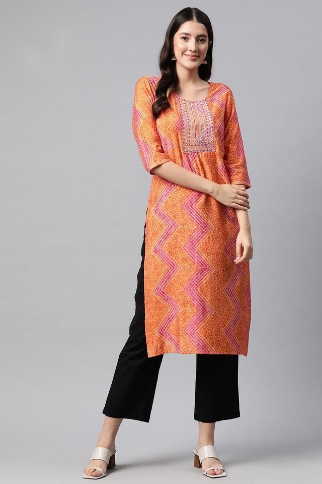 bandhani silk round neck womens kurti