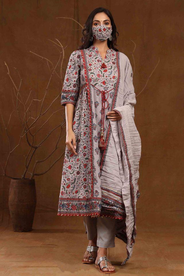 grey floral printed pure cotton kurta pants _ dupatta set with tassels _ lace