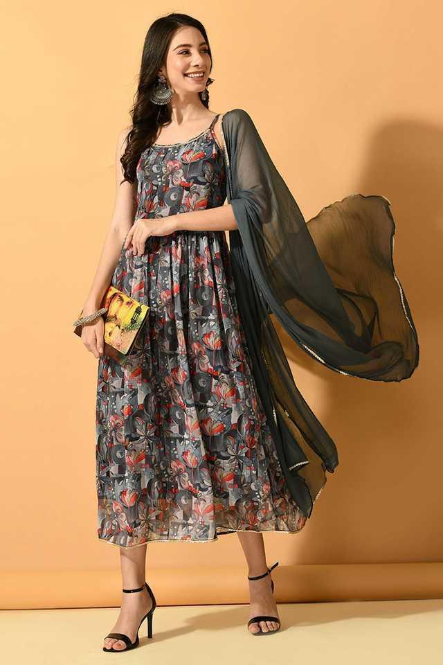 printed ankle length chiffon woven womens kurta set