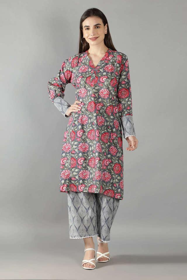 floral ankle length cotton womens kurta set