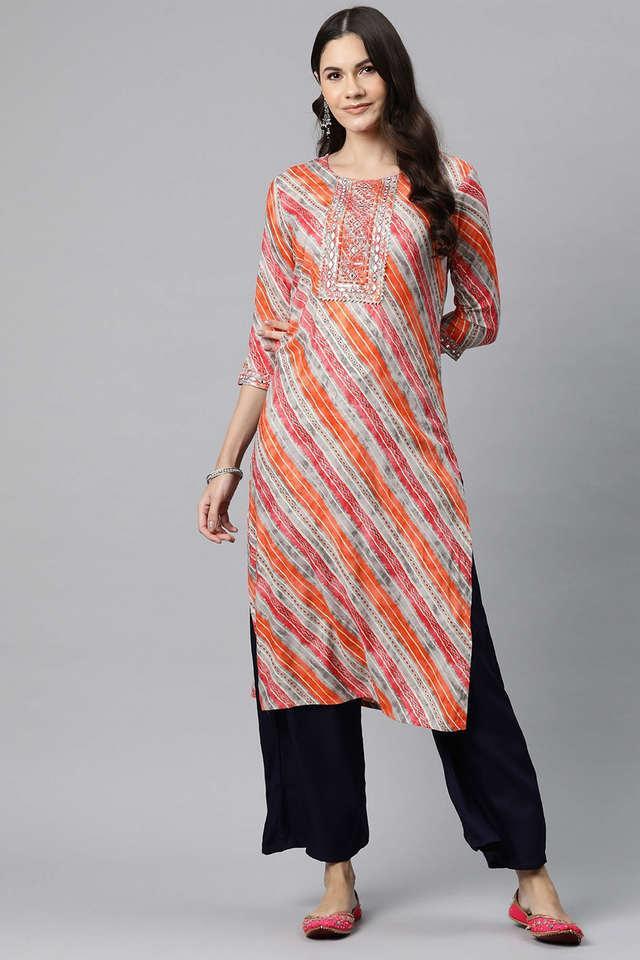 printed rayon round neck womens festive wear kurta