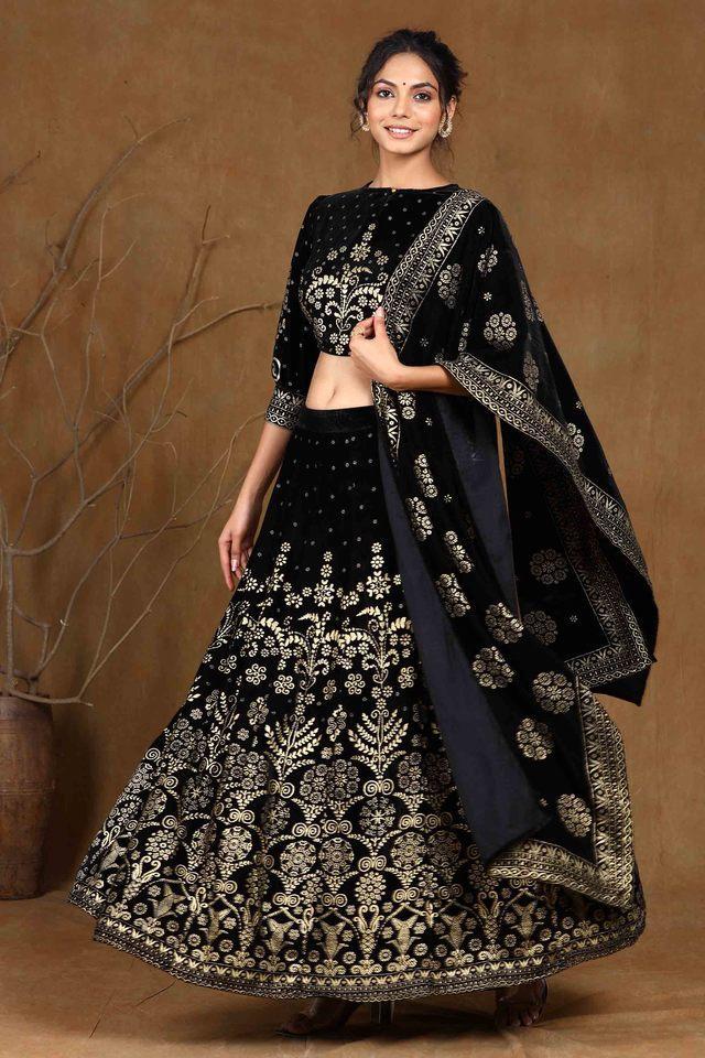 black ethnic motif printed velvet lehenga choli _ dupatta set.