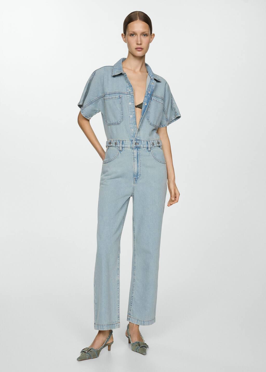 denim jumpsuit with multi-position buttons