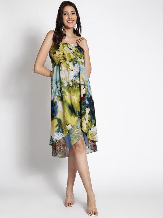 abstract printed strapless smocked a-line dress