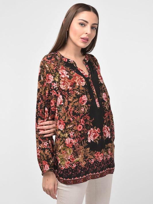 contrast floral printed black full sleeves top