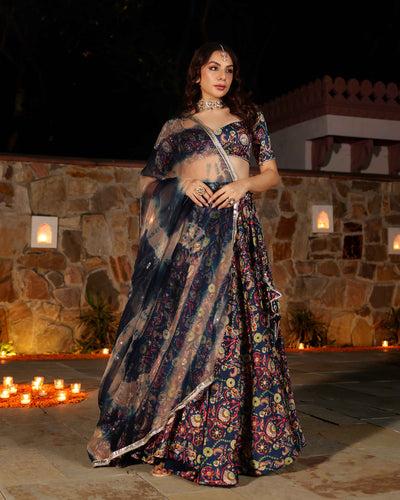 laaya blue printed hand embroidered satin lehenga set