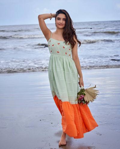 https:tangerine green orange colour blocking embroidered cotton dress