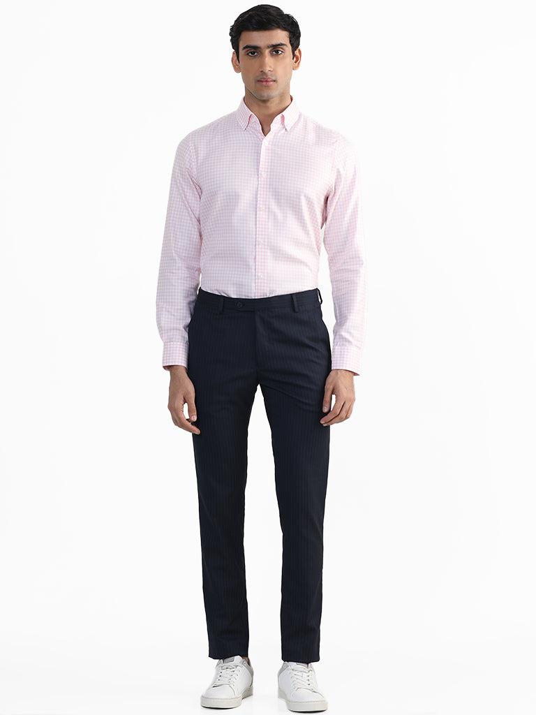 wes formals checked pink slim fit shirt