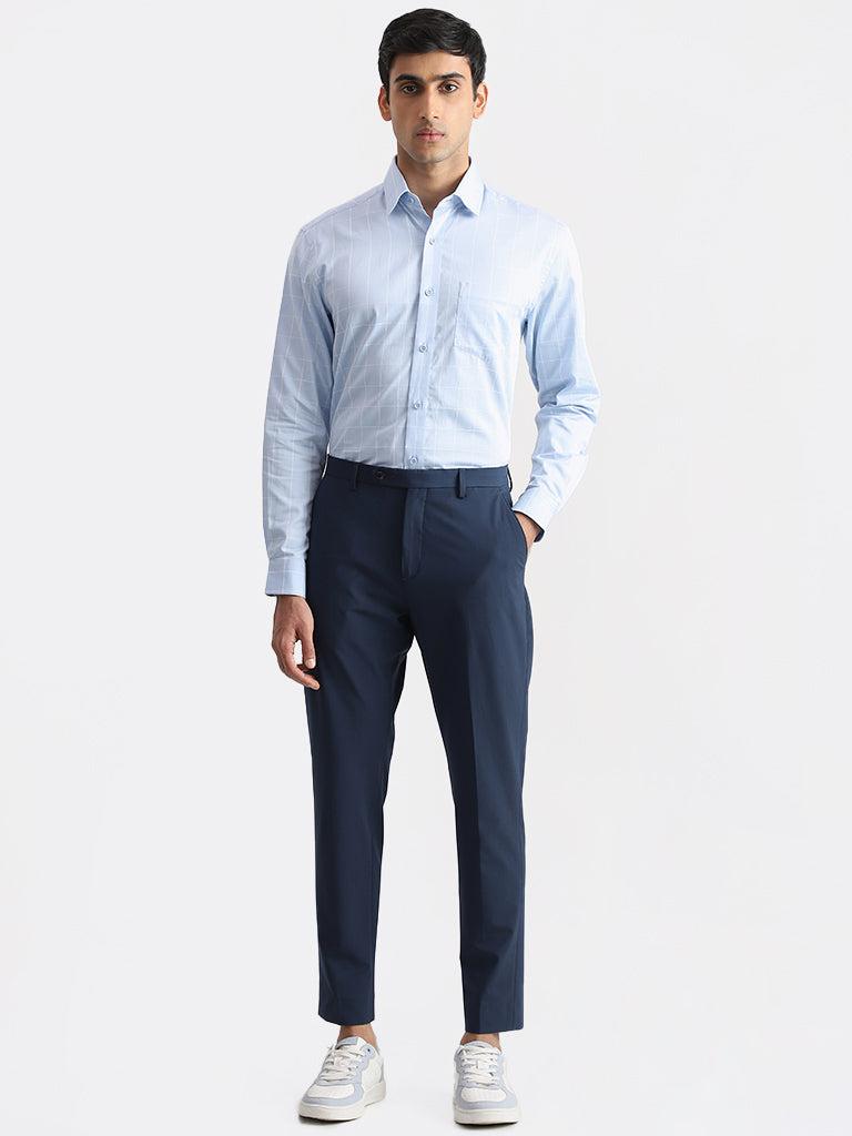 wes formals checked blue relaxed fit shirt