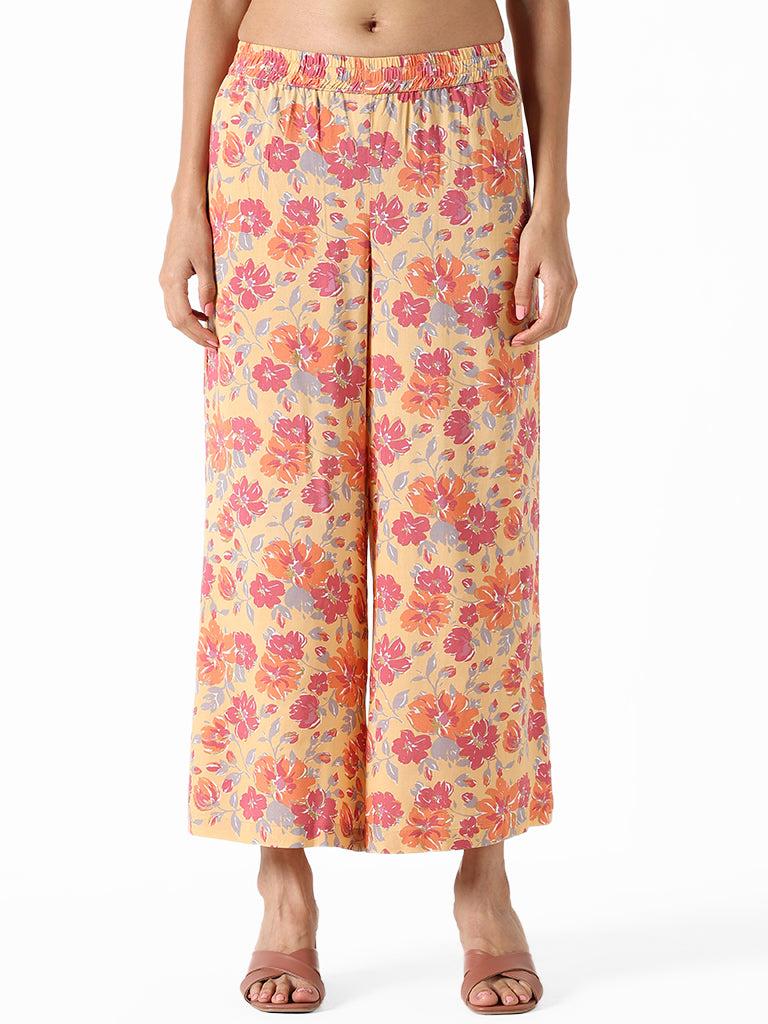 utsa yellow multi-coloured printed floral hibiscus palazzos